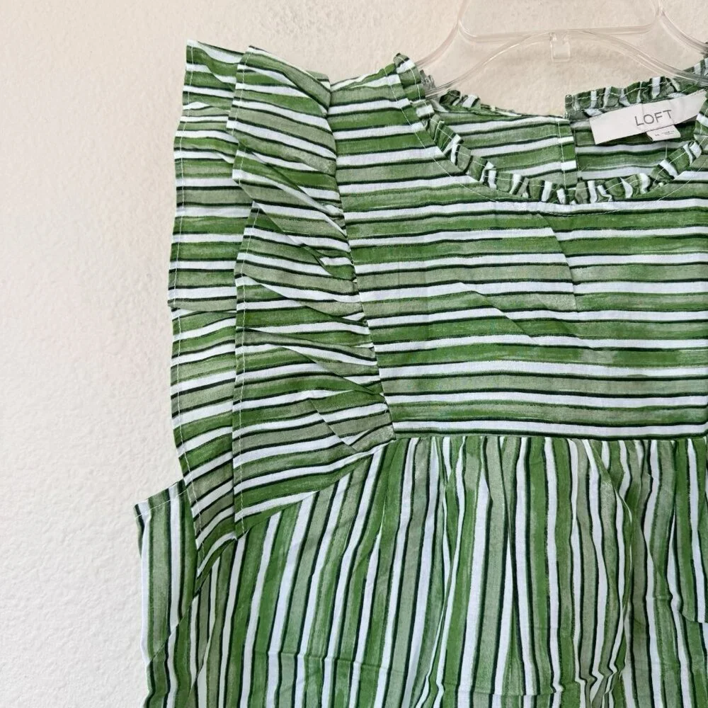 LOFT NWT Green White Striped Shirt Blouse Size Medium Ruffle Sleeves - Picture 2 of 9